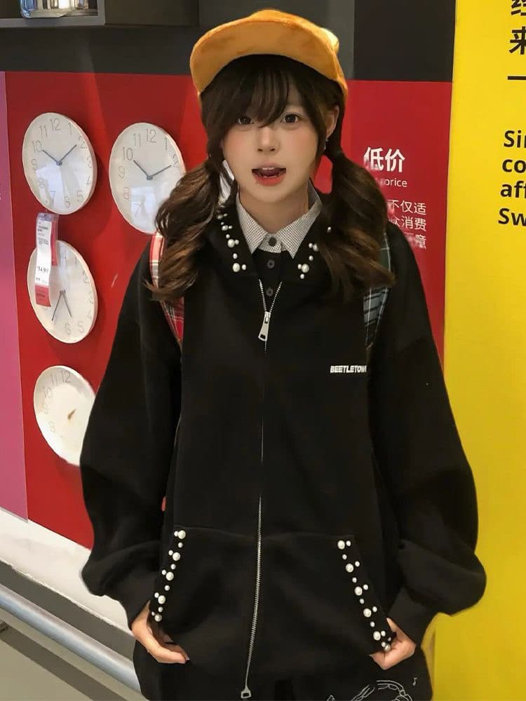 좋은 품질 솜씨 원본 압력 라인 더블 지퍼 비즈 박기 자수 330 그램 순수한 Mianhua 면 복합 후드티