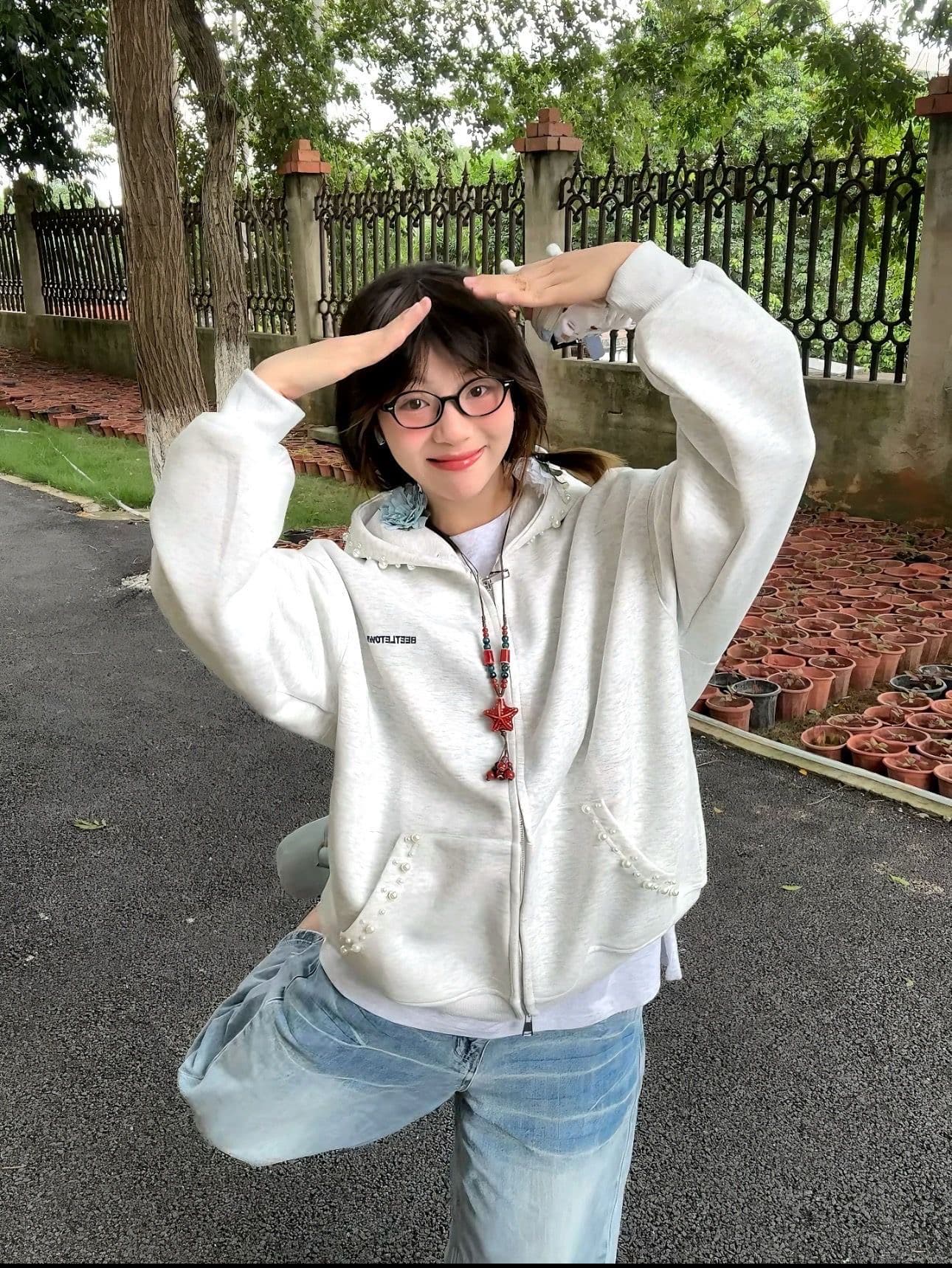좋은 품질 솜씨 원본 압력 라인 더블 지퍼 비즈 박기 자수 330 그램 순수한 Mianhua 면 복합 후드티 이미지 2