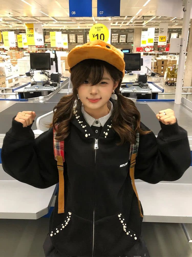 좋은 품질 솜씨 원본 압력 라인 더블 지퍼 비즈 박기 자수 330 그램 순수한 Mianhua 면 복합 후드티 상세 이미지 4