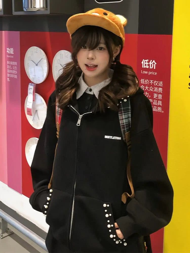 좋은 품질 솜씨 원본 압력 라인 더블 지퍼 비즈 박기 자수 330 그램 순수한 Mianhua 면 복합 후드티 상세 이미지 5