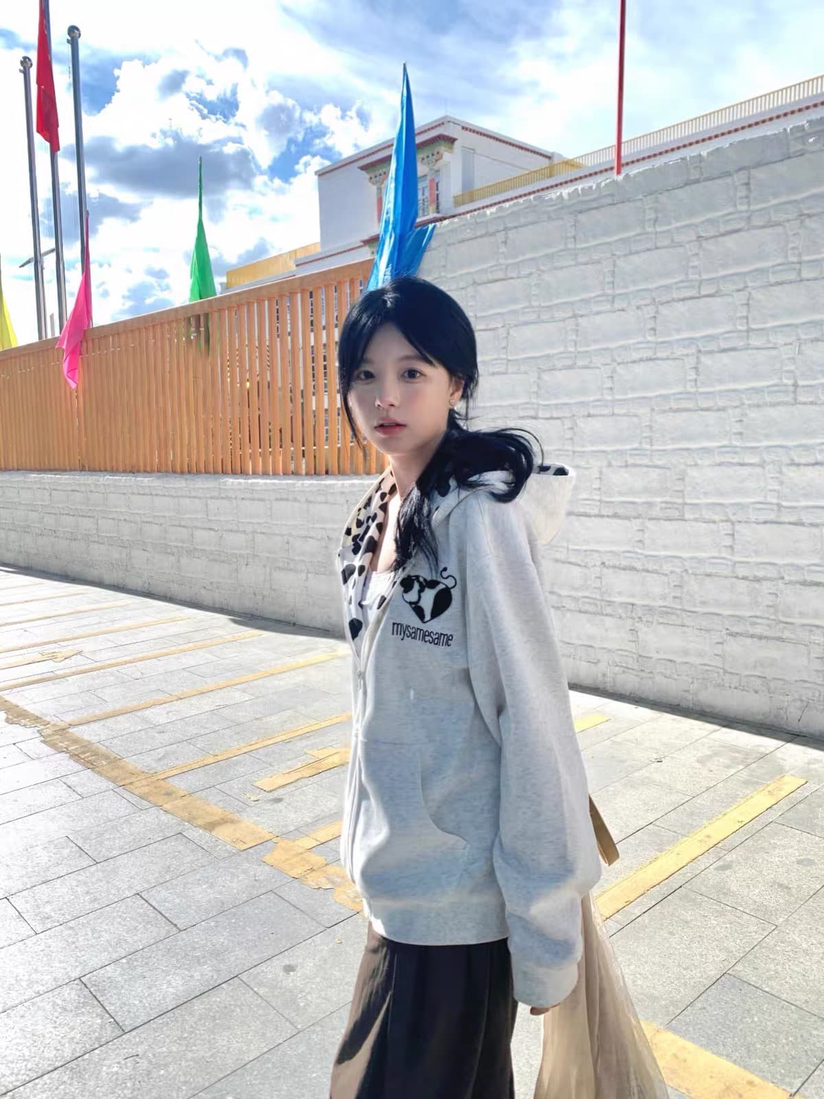 얇은 스타일 이후 패키지 칼라 순수한 Mianhua 면 복합 후드티 여성 이미지 2