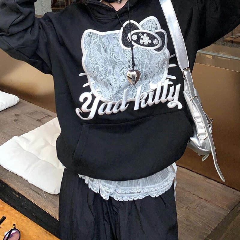 프린트 자수 원단 모방 남자 바 면 새로운 미니멀리즘 바람 가을 후드 kitty 후드티 상세 이미지 2
