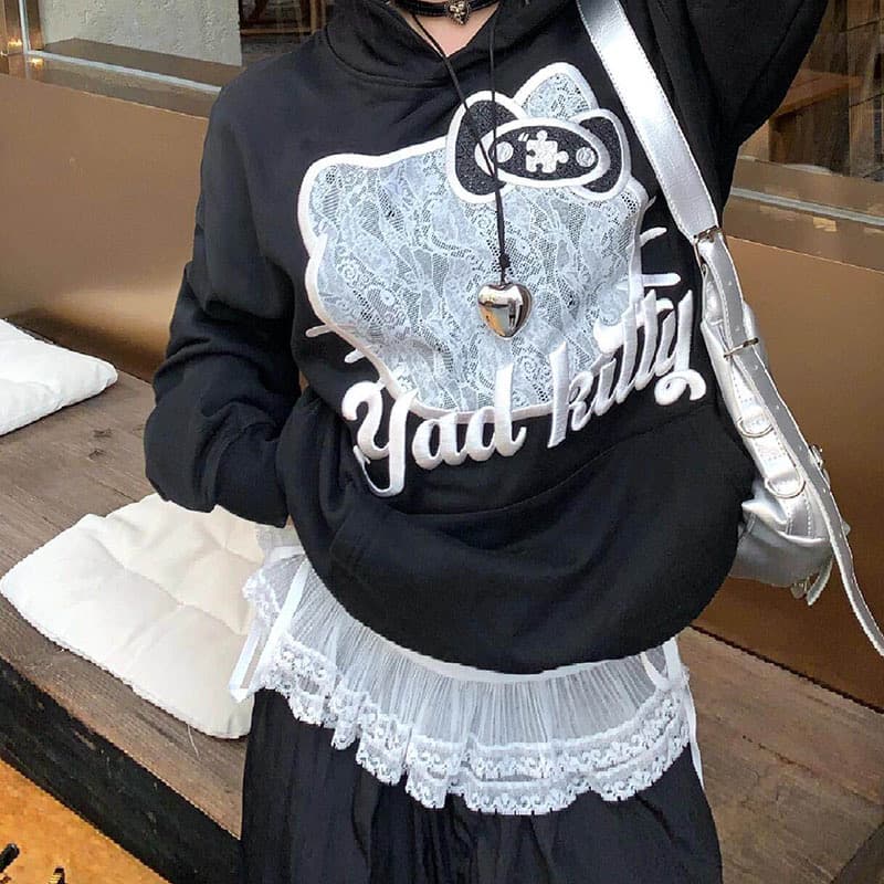 프린트 자수 원단 모방 남자 바 면 새로운 미니멀리즘 바람 가을 후드 kitty 후드티