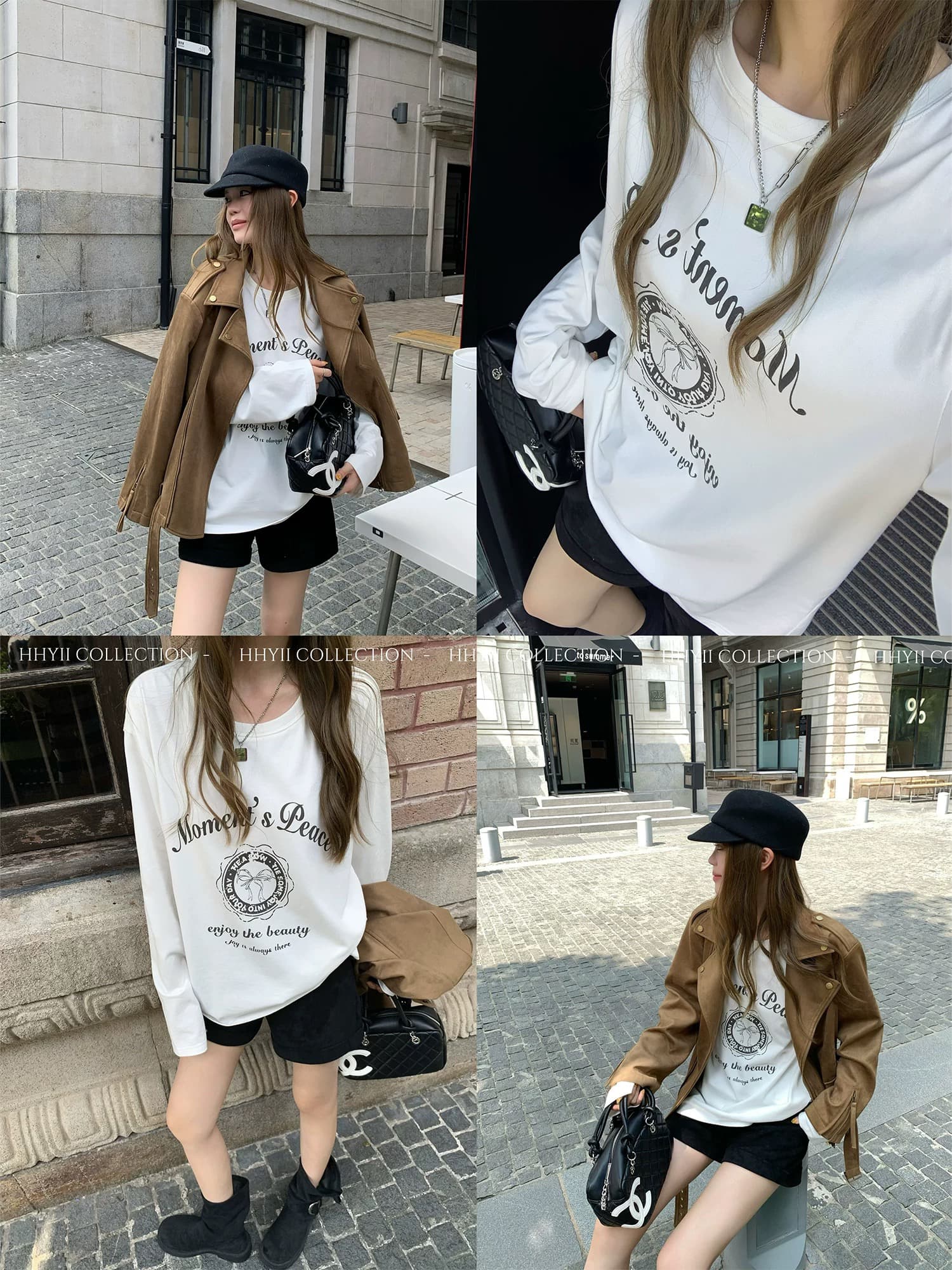 한 부서 순면 화이트 프린트 긴팔 티셔츠 여성 가을 겨울 다용도 스택 착용 슬림해 보이는 기본 셔츠 맨위 상세 이미지 1