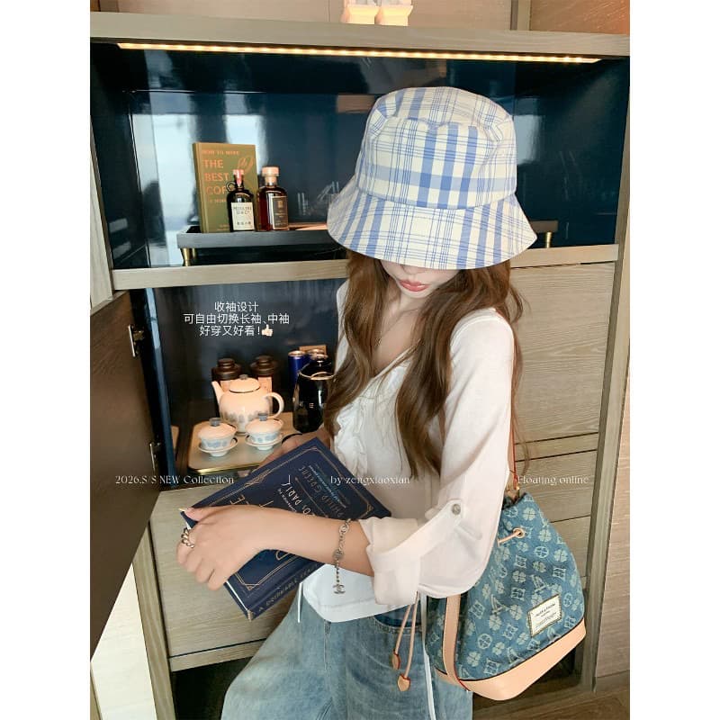 눈꽃 면 한 부서 화이트 프릴 V넥 7부 소매 티셔츠 여성 여름 루즈핏 슬림해 보이는 긍정적 인 어깨 상세 이미지 3