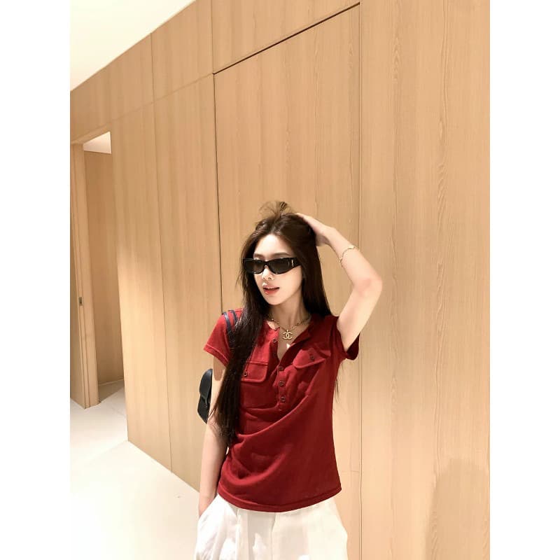 헨리 칼라 단추 티셔츠 여성 여름 디자인 센스 몸매 가꾸기 보라색 워크웨어 주머니 긍정적 인 어깨 반팔 맨위 이미지 4