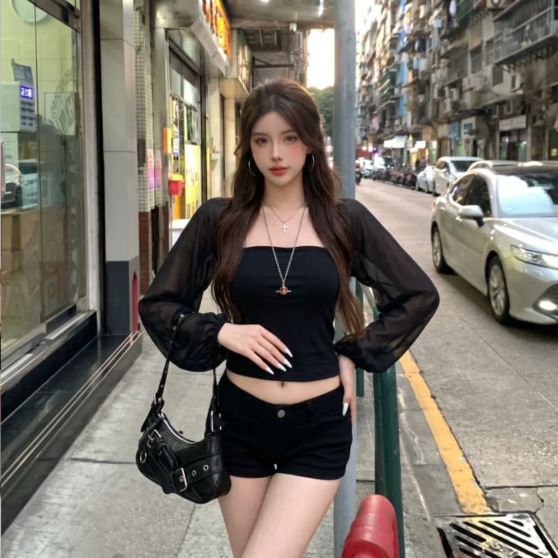 작은 대중 검정색 망사 시스루 벌룬 소매 튜브탑 긴팔 티셔츠 여름 새로운 몸매 가꾸기 슬림해 보이는 핫걸 맨위 이미지 3