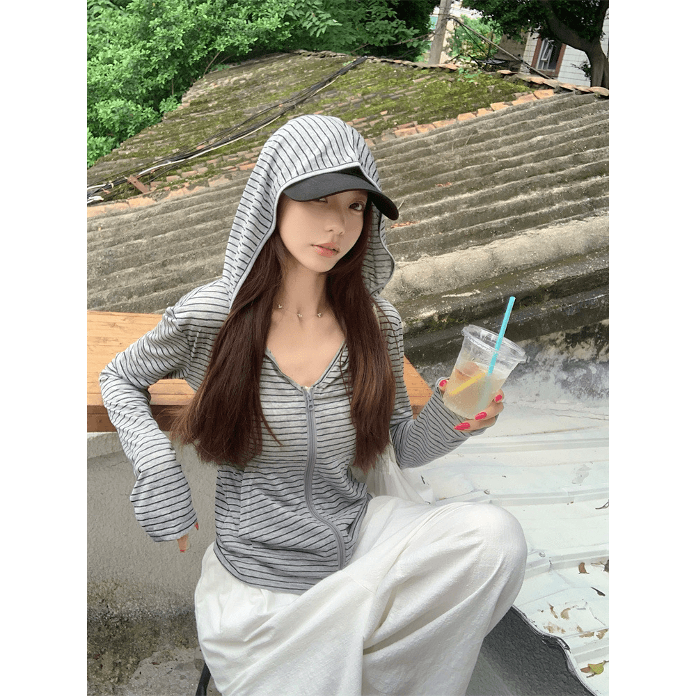 원본 눈꽃 아메리칸 스트라이프 지퍼 섹션 자외선 차단 오픈 가디건 긴팔 여성 여름 얇은 스타일 V넥 블라우스 맨위 이미지 5
