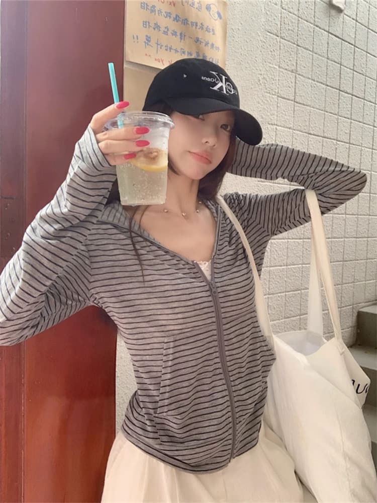 원본 눈꽃 아메리칸 스트라이프 지퍼 섹션 자외선 차단 오픈 가디건 긴팔 여성 여름 얇은 스타일 V넥 블라우스 맨위 상세 이미지 1