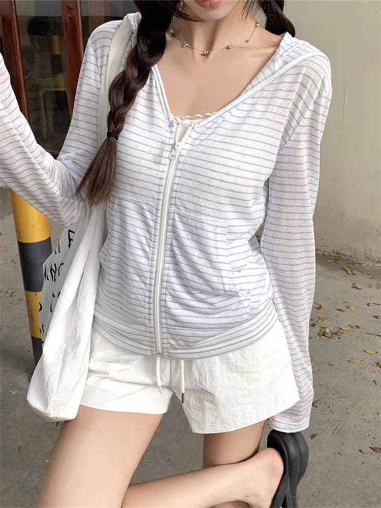 원본 눈꽃 아메리칸 스트라이프 지퍼 섹션 자외선 차단 오픈 가디건 긴팔 여성 여름 얇은 스타일 V넥 블라우스 맨위 상세 이미지 2