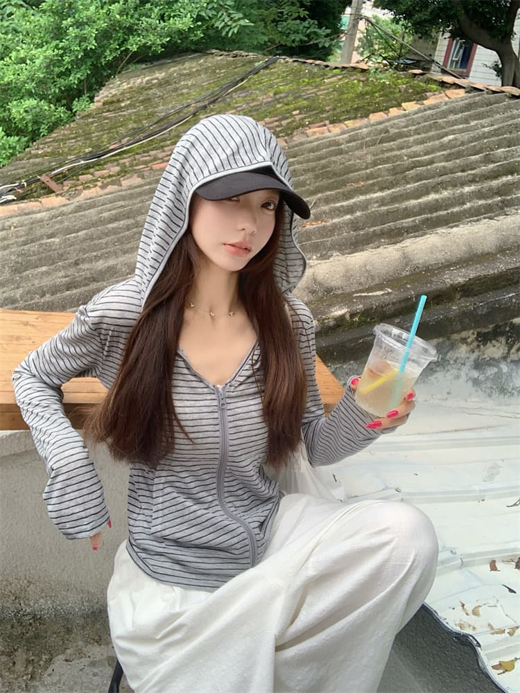 원본 눈꽃 아메리칸 스트라이프 지퍼 섹션 자외선 차단 오픈 가디건 긴팔 여성 여름 얇은 스타일 V넥 블라우스 맨위 상세 이미지 5