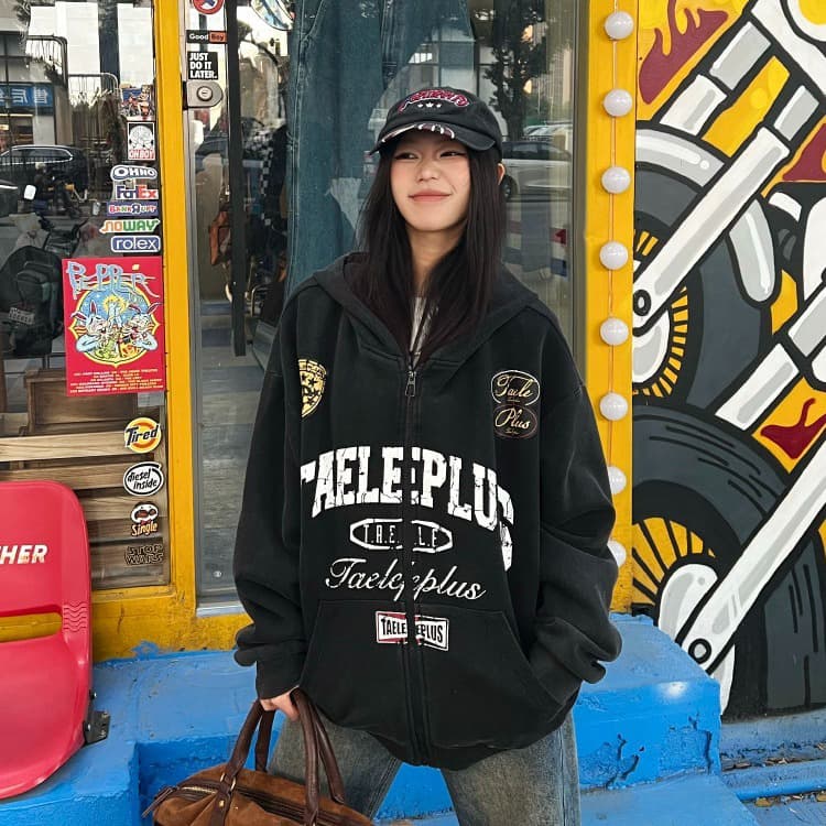 아메리칸 레트로 레이싱 바람 마 오래된 워싱 후드 오픈 가디건 후드티 여성 봄과 가을 지퍼 재킷 트렌디 상세 이미지 1