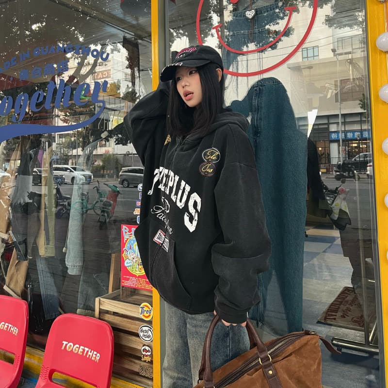 아메리칸 레트로 레이싱 바람 마 오래된 워싱 후드 오픈 가디건 후드티 여성 봄과 가을 지퍼 재킷 트렌디 상세 이미지 2