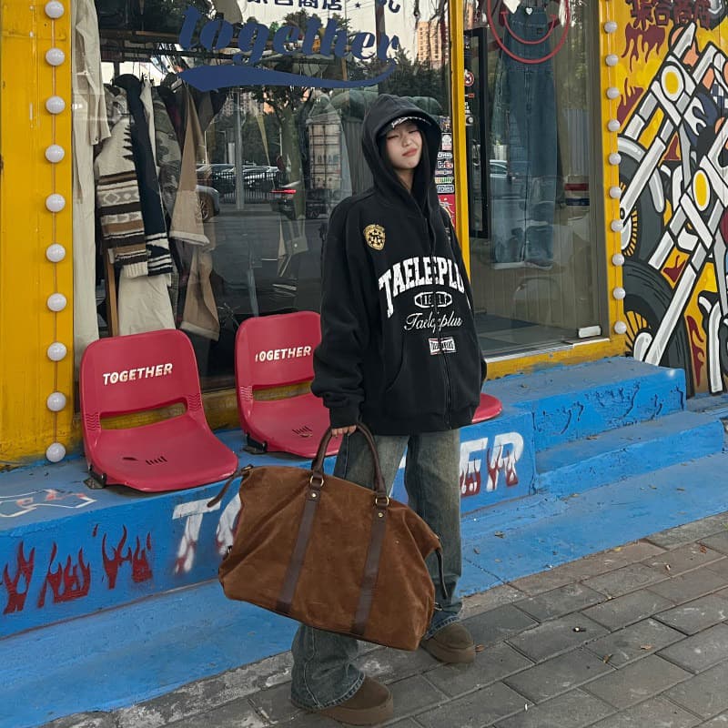 아메리칸 레트로 레이싱 바람 마 오래된 워싱 후드 오픈 가디건 후드티 여성 봄과 가을 지퍼 재킷 트렌디 상세 이미지 3