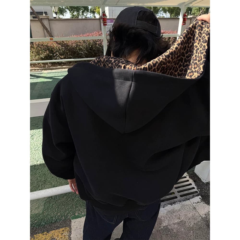검정색 아메리칸 레오파드 무늬 재킷 남자 가을 봄 고급 센스 악당 잘 생긴 배색 패치워크 디자인 센스 후드 오픈 가디건 후드티 이미지 4