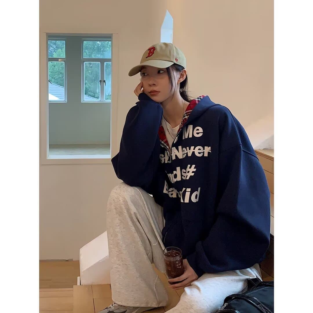페이크 레이어드 격자 무늬 셔츠 패치워크 후드 티 스웨터 남자 가을 아메리칸 레트로 느긋한 바람 화이트 회색 카디건 코트 상세 이미지 2