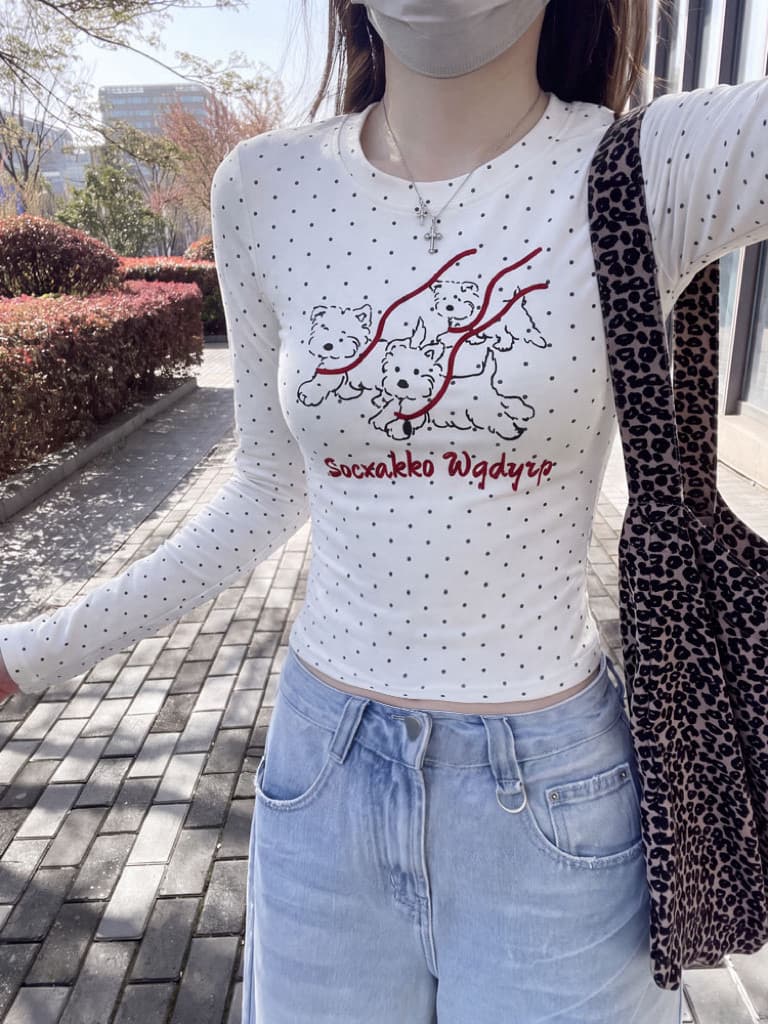 220 그램 40 빗질하다 92 면 이후 패키지 칼라 프린트 도트 무늬 긴팔 티셔츠 여성 몸매 가꾸기 라운드 넥 맨위