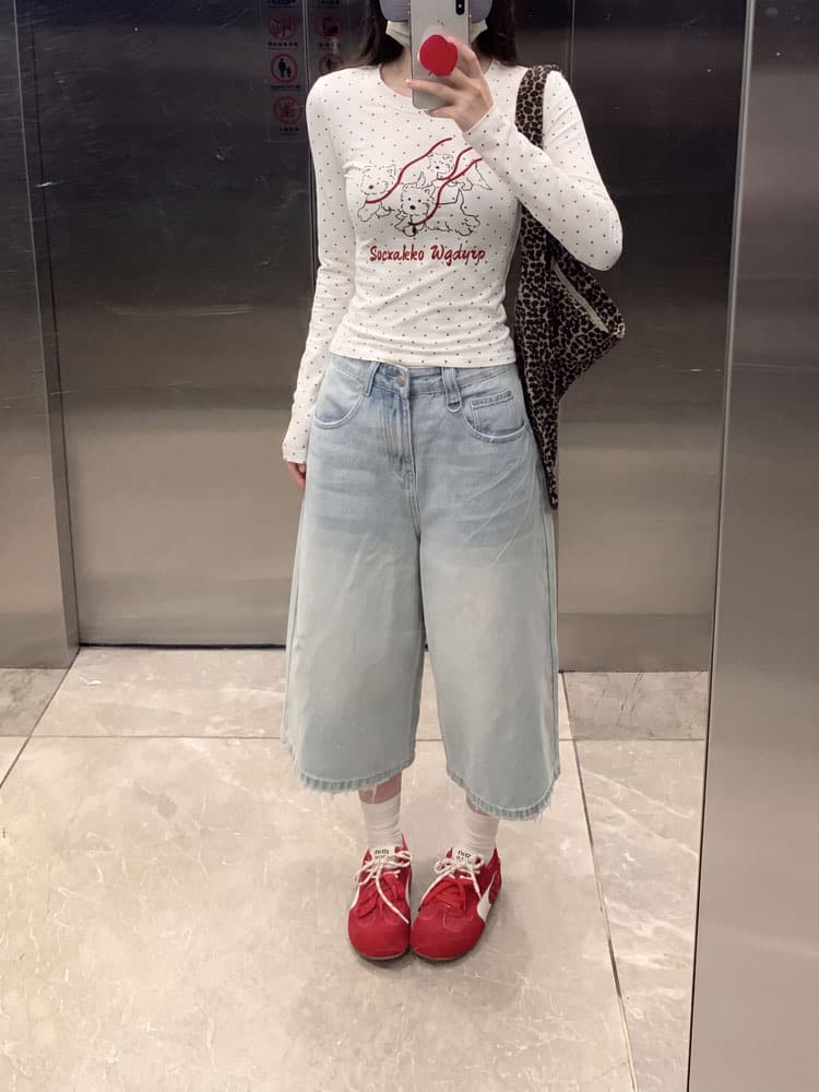 220 그램 40 빗질하다 92 면 이후 패키지 칼라 프린트 도트 무늬 긴팔 티셔츠 여성 몸매 가꾸기 라운드 넥 맨위 이미지 3