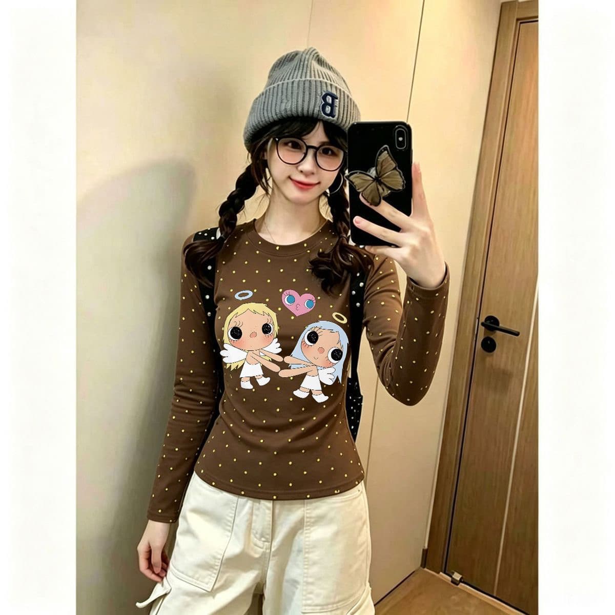 220 그램 40 빗질하다 92 면 이후 패키지 칼라 프린트 도트 무늬 긴팔 티셔츠 여성 몸매 가꾸기 라운드 넥 맨위