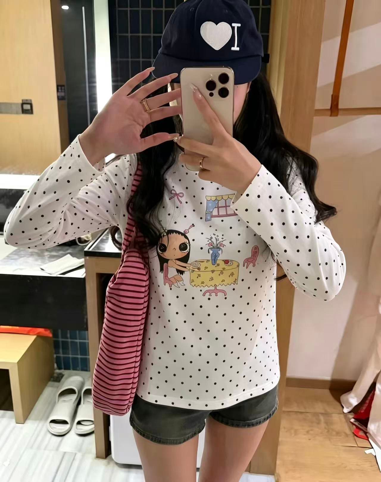 220 그램 40 빗질하다 92 면 이후 패키지 칼라 프린트 도트 무늬 긴팔 티셔츠 여성 몸매 가꾸기 라운드 넥 맨위