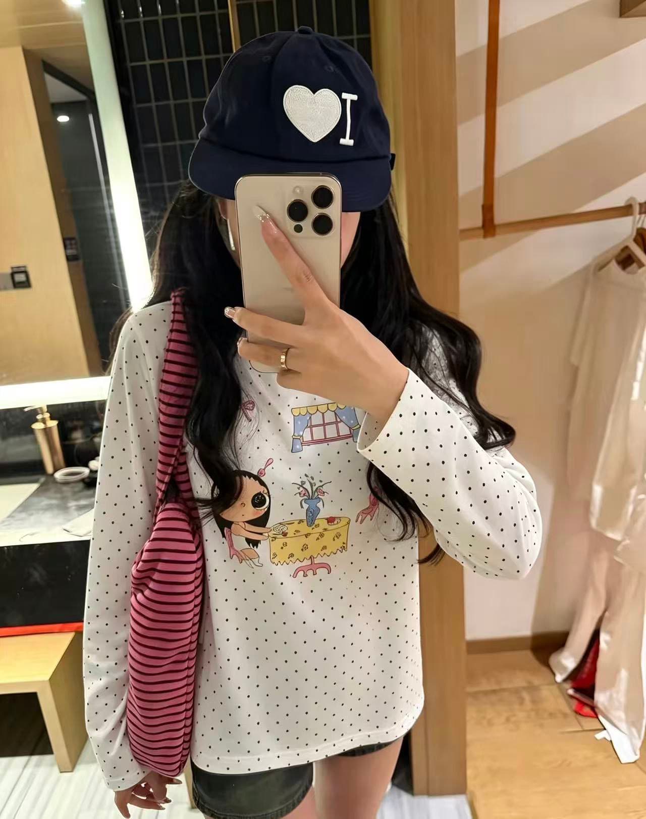 220 그램 40 빗질하다 92 면 이후 패키지 칼라 프린트 도트 무늬 긴팔 티셔츠 여성 몸매 가꾸기 라운드 넥 맨위 상세 이미지 2