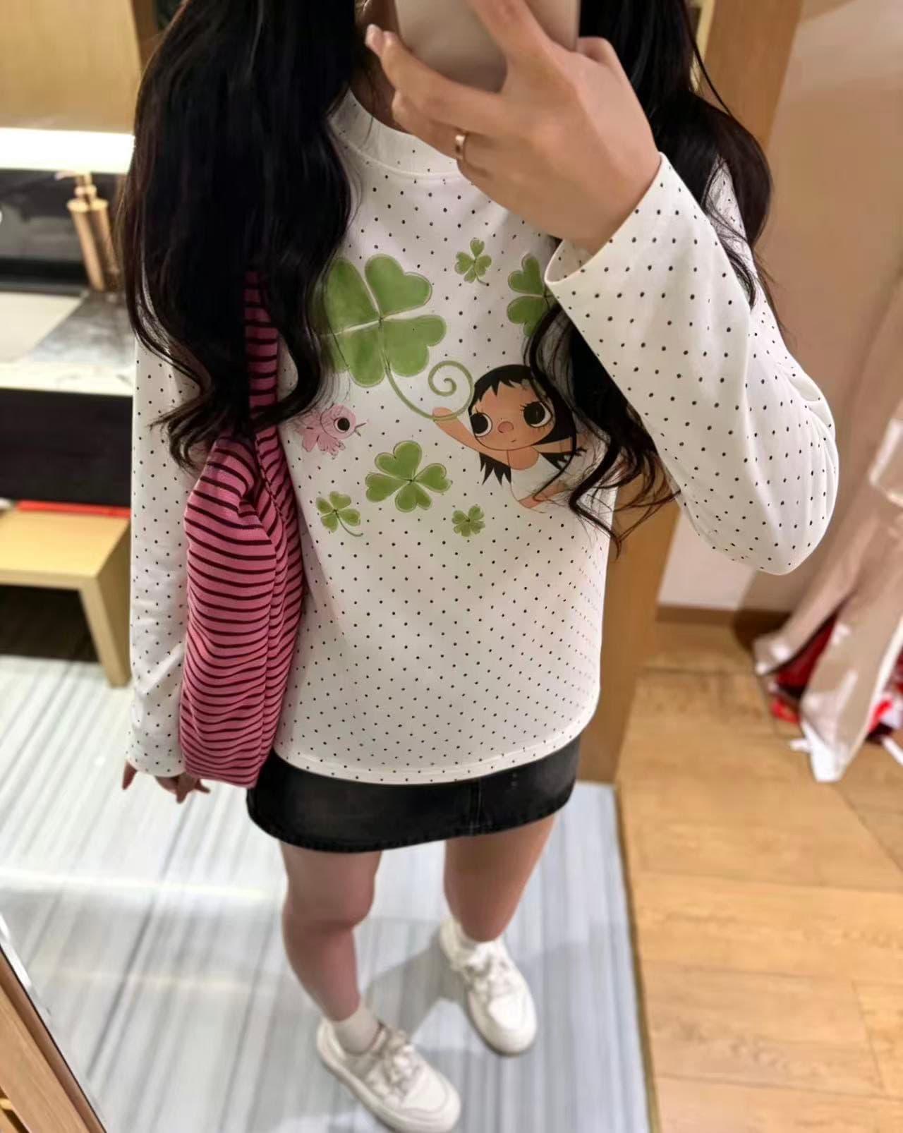 220 그램 40 빗질하다 92 면 이후 패키지 칼라 프린트 도트 무늬 긴팔 티셔츠 여성 몸매 가꾸기 라운드 넥 맨위