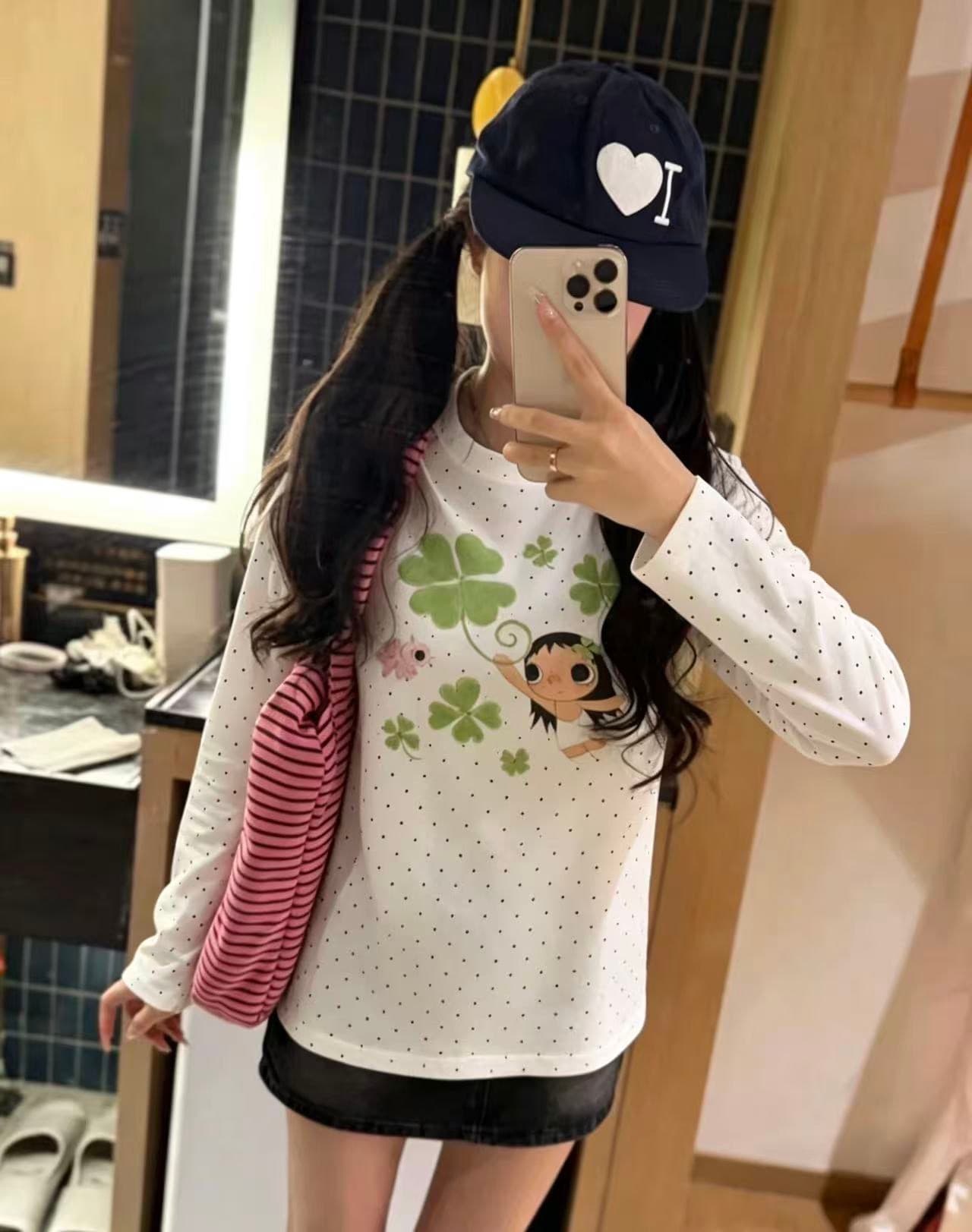 220 그램 40 빗질하다 92 면 이후 패키지 칼라 프린트 도트 무늬 긴팔 티셔츠 여성 몸매 가꾸기 라운드 넥 맨위 이미지 3