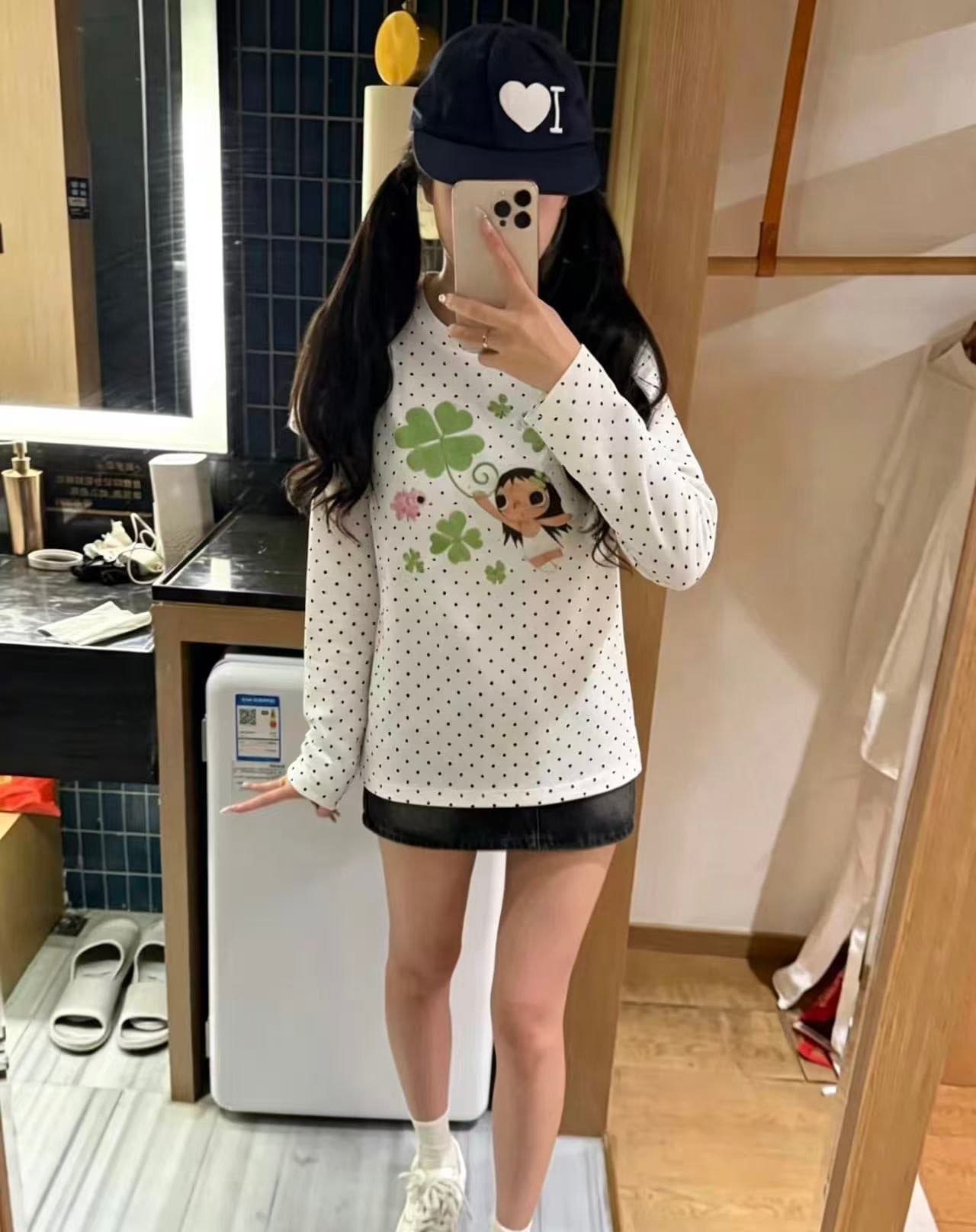 220 그램 40 빗질하다 92 면 이후 패키지 칼라 프린트 도트 무늬 긴팔 티셔츠 여성 몸매 가꾸기 라운드 넥 맨위 상세 이미지 2