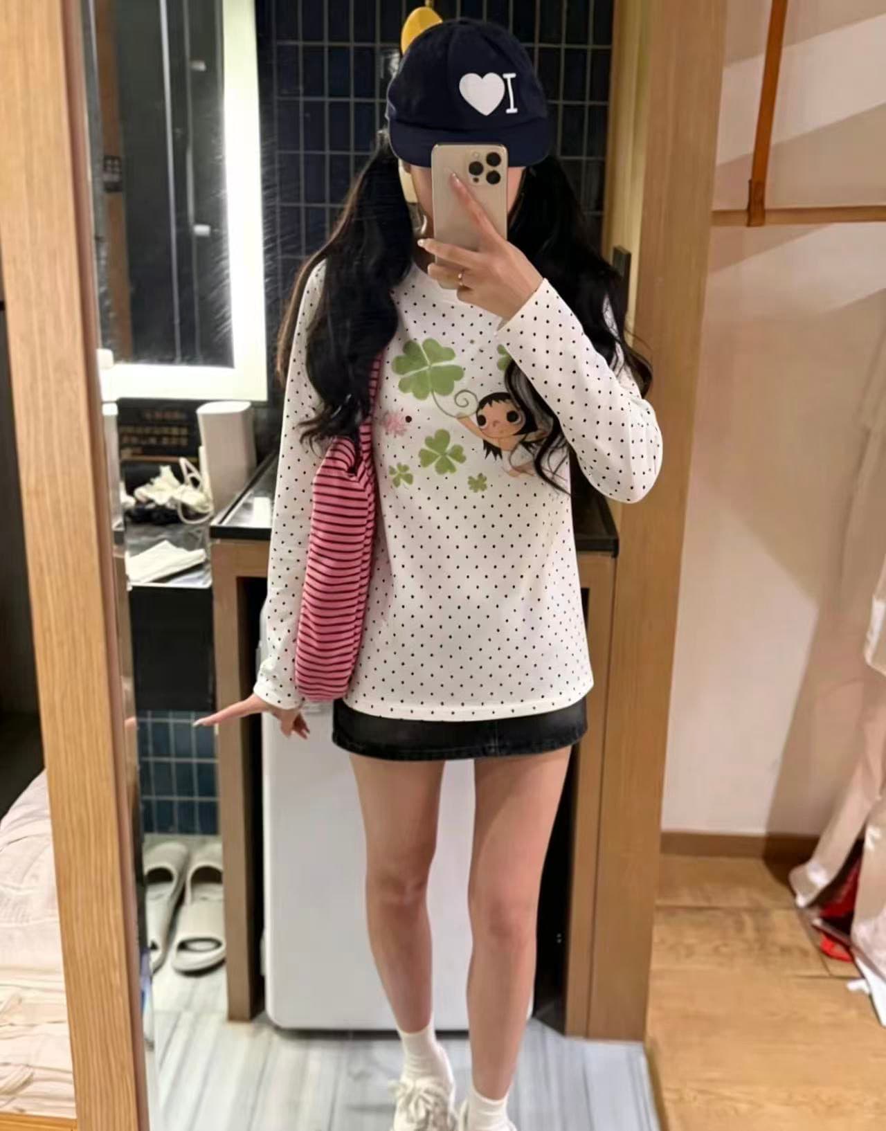 220 그램 40 빗질하다 92 면 이후 패키지 칼라 프린트 도트 무늬 긴팔 티셔츠 여성 몸매 가꾸기 라운드 넥 맨위 상세 이미지 4