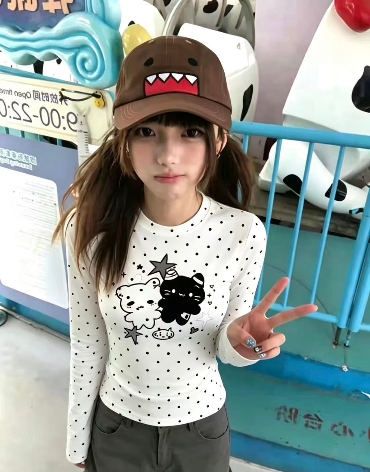 220 그램 40 빗질하다 92 면 이후 패키지 칼라 프린트 도트 무늬 긴팔 티셔츠 여성 몸매 가꾸기 라운드 넥 맨위 이미지 3