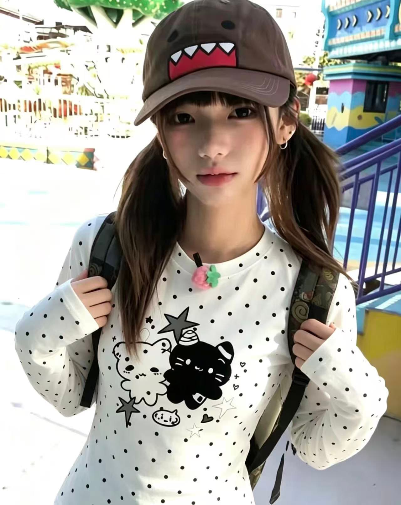 220 그램 40 빗질하다 92 면 이후 패키지 칼라 프린트 도트 무늬 긴팔 티셔츠 여성 몸매 가꾸기 라운드 넥 맨위 이미지 4