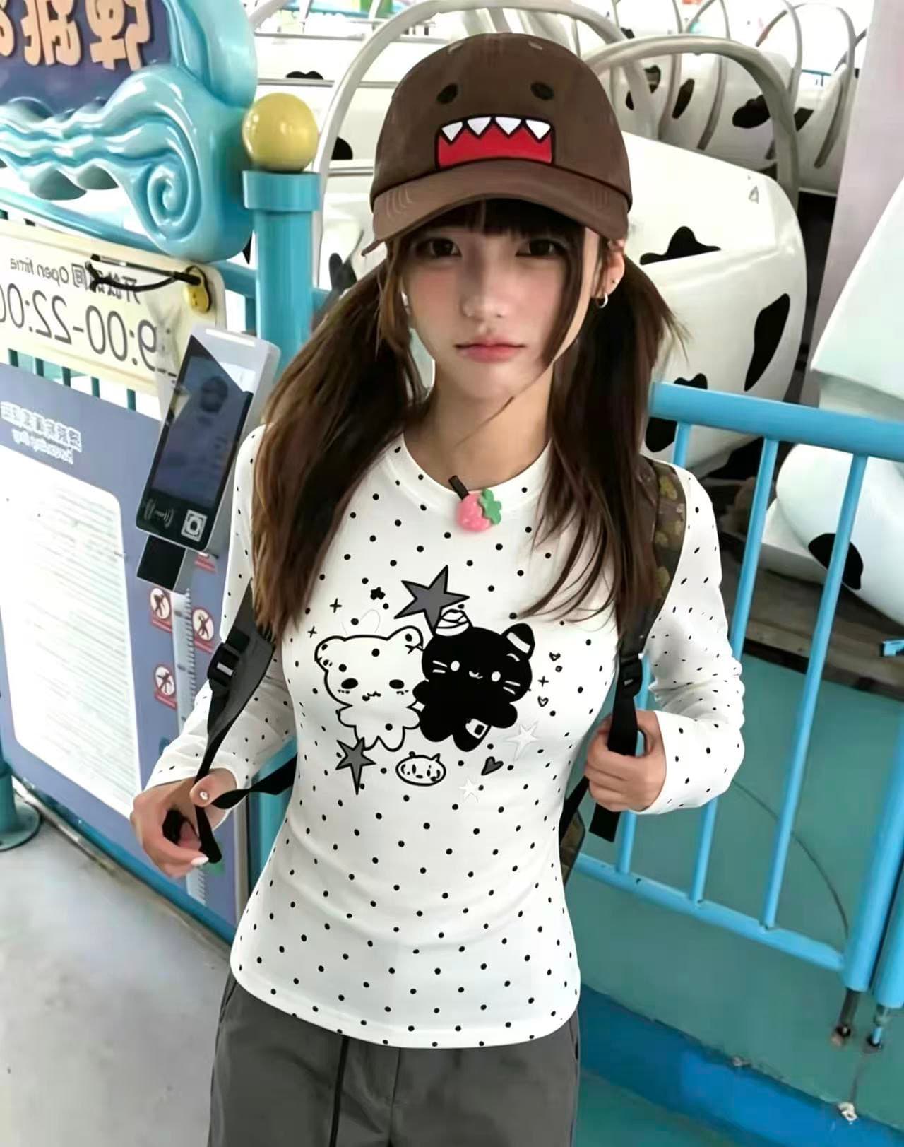 220 그램 40 빗질하다 92 면 이후 패키지 칼라 프린트 도트 무늬 긴팔 티셔츠 여성 몸매 가꾸기 라운드 넥 맨위 상세 이미지 1