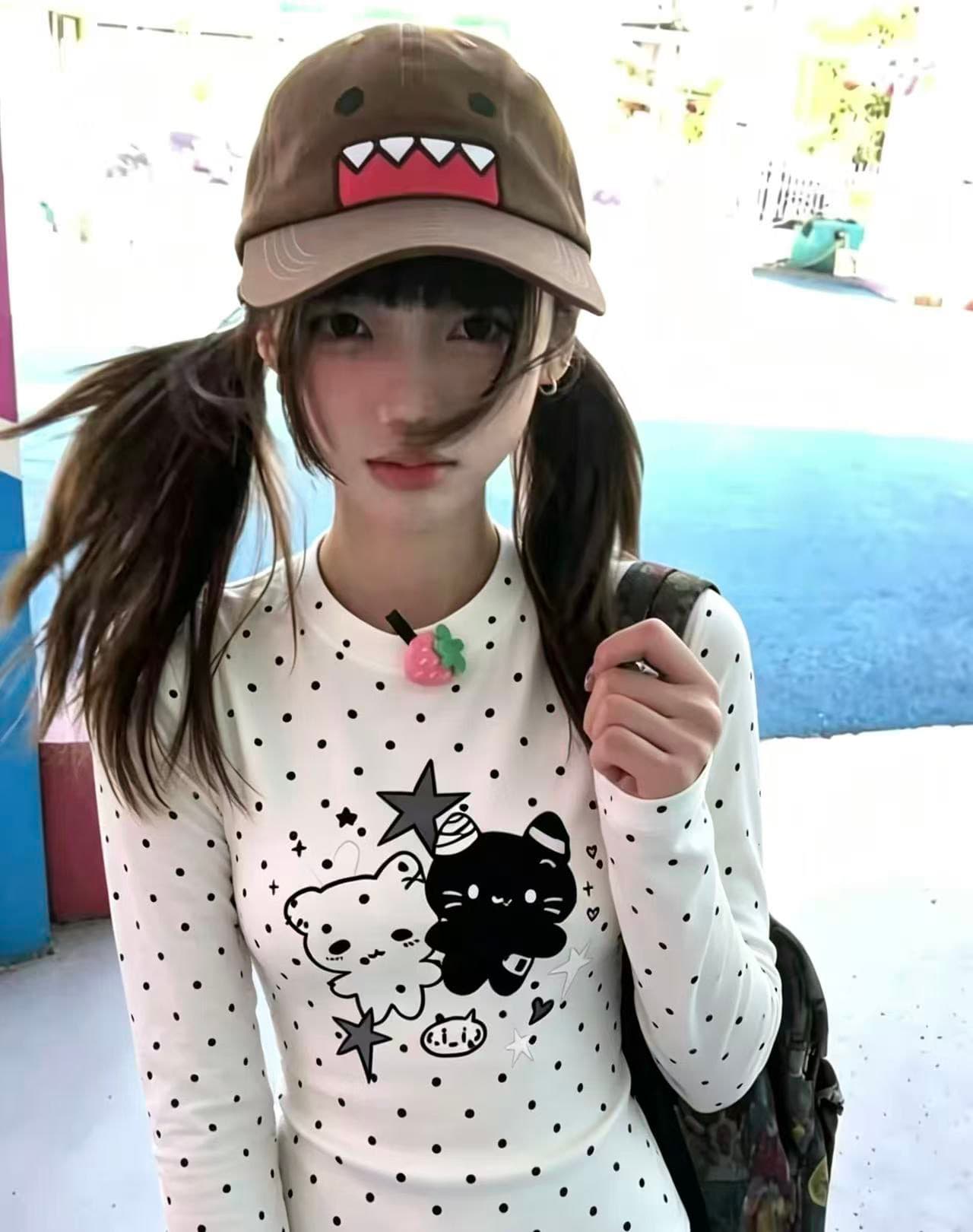 220 그램 40 빗질하다 92 면 이후 패키지 칼라 프린트 도트 무늬 긴팔 티셔츠 여성 몸매 가꾸기 라운드 넥 맨위 상세 이미지 2