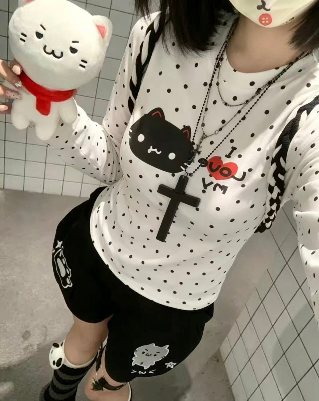 220 그램 40 빗질하다 92 면 이후 패키지 칼라 프린트 도트 무늬 긴팔 티셔츠 여성 몸매 가꾸기 라운드 넥 맨위 이미지 3