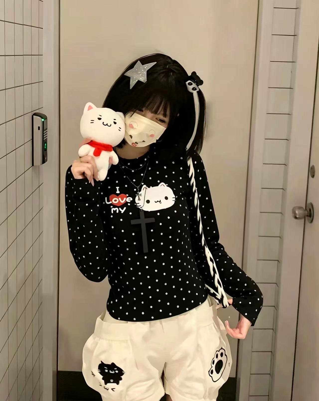 220 그램 40 빗질하다 92 면 이후 패키지 칼라 프린트 도트 무늬 긴팔 티셔츠 여성 몸매 가꾸기 라운드 넥 맨위 이미지 4