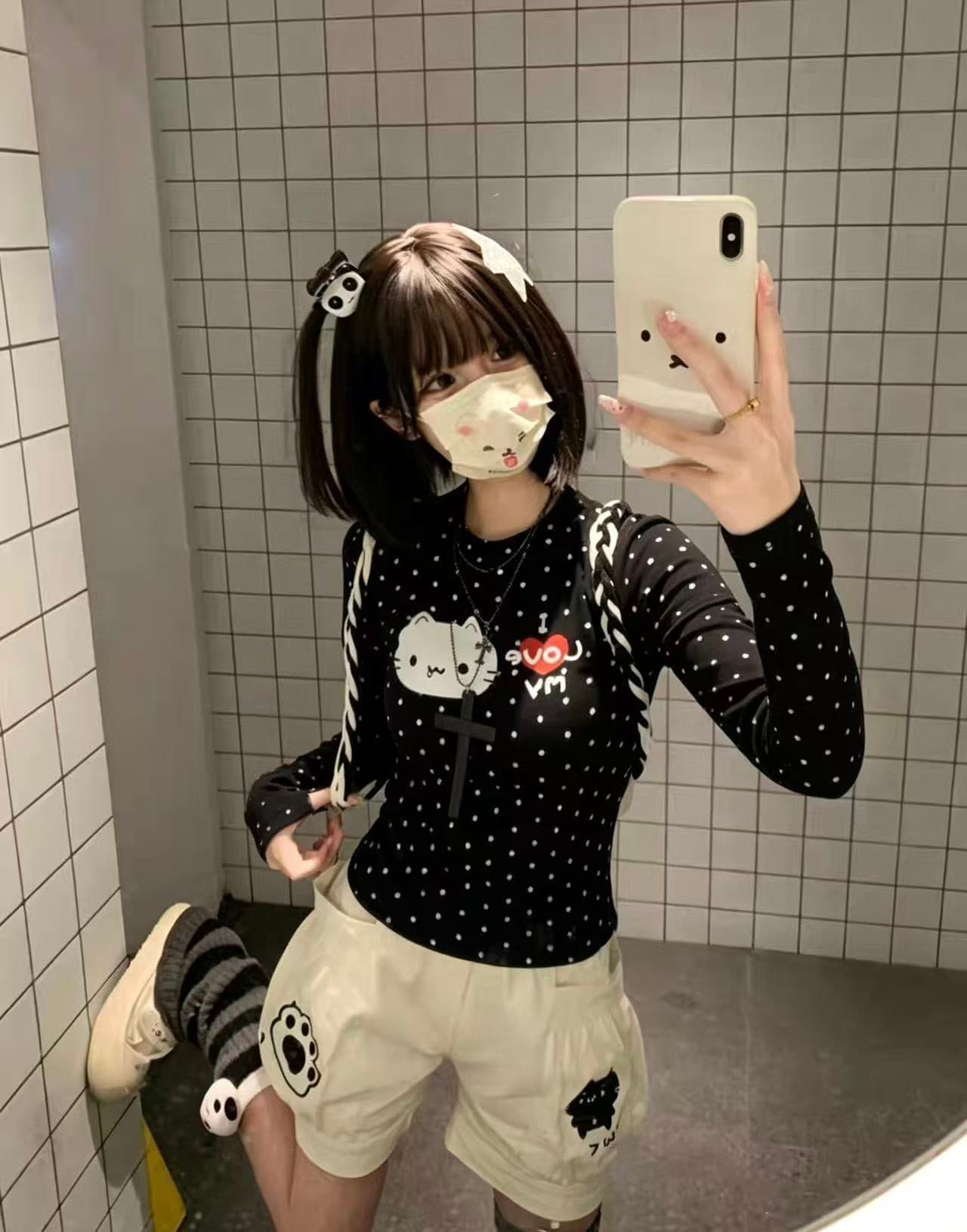 220 그램 40 빗질하다 92 면 이후 패키지 칼라 프린트 도트 무늬 긴팔 티셔츠 여성 몸매 가꾸기 라운드 넥 맨위 상세 이미지 1