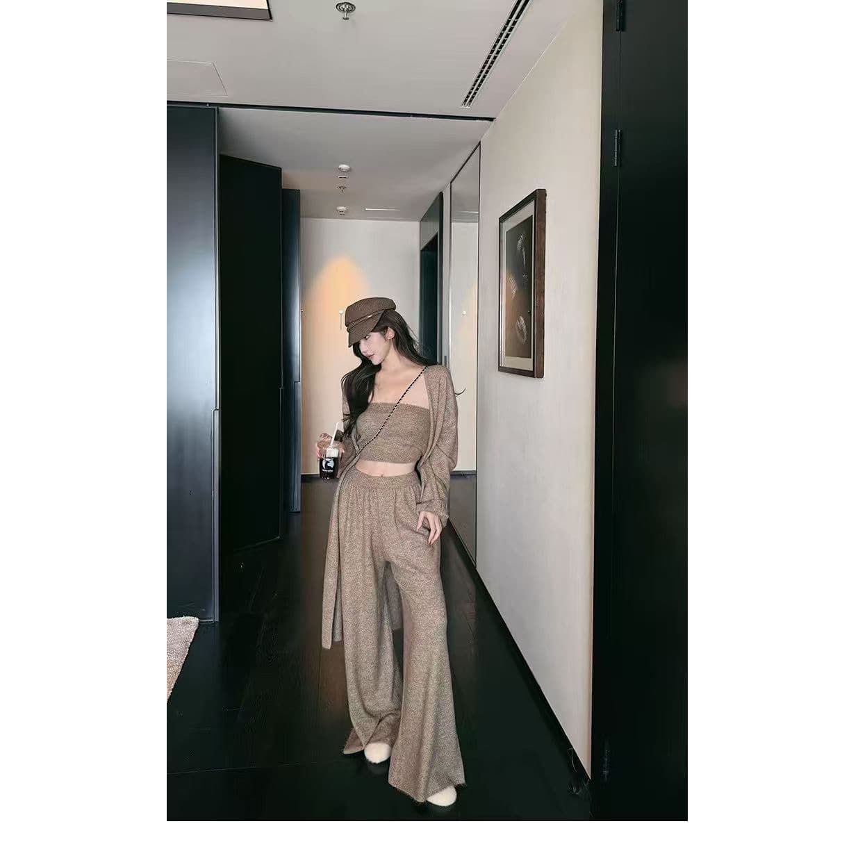 2026 년 가을 새로운 품격 느긋한 작은 샤넬 스타일 스웨터 카디건 코트 니트 와이드 레그 팬츠 3종 세트 이미지 3
