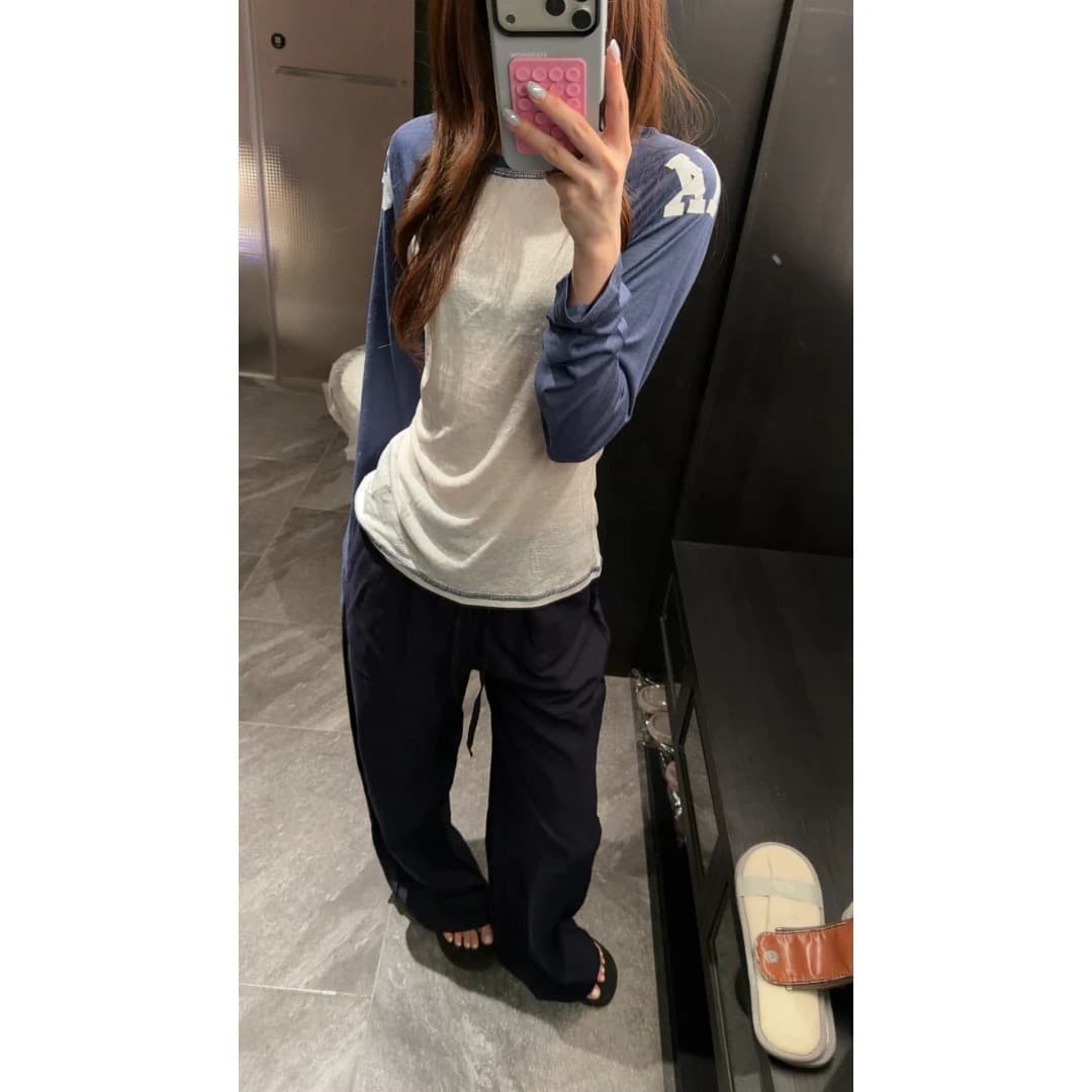 원본 광저우 원단 아메리칸 패치워크 색상 삽입 어깨 소매 얇은 스타일 긴팔 여성 라운드 넥 슬림해 보이는 숫자 프린트 맨위 이미지 2