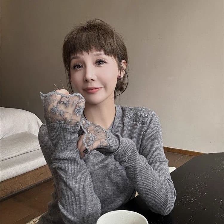 레이스 조각 마이크로 나팔 소매 인사이드 가져 가라. 기본 셔츠 여성 가을과 겨울 수 있습니다. 외출용 티셔츠 외국 가스 패션 긴팔 맨위 상세 이미지 7