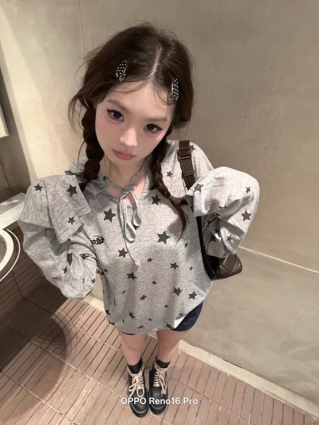 아메리칸 레트로 후드 전체 인쇄 별 알파벳 긴팔 티셔츠 여성 여름 루즈핏 슬림해 보이는 작은 대중 디자인 센스 맨위 상세 이미지 3