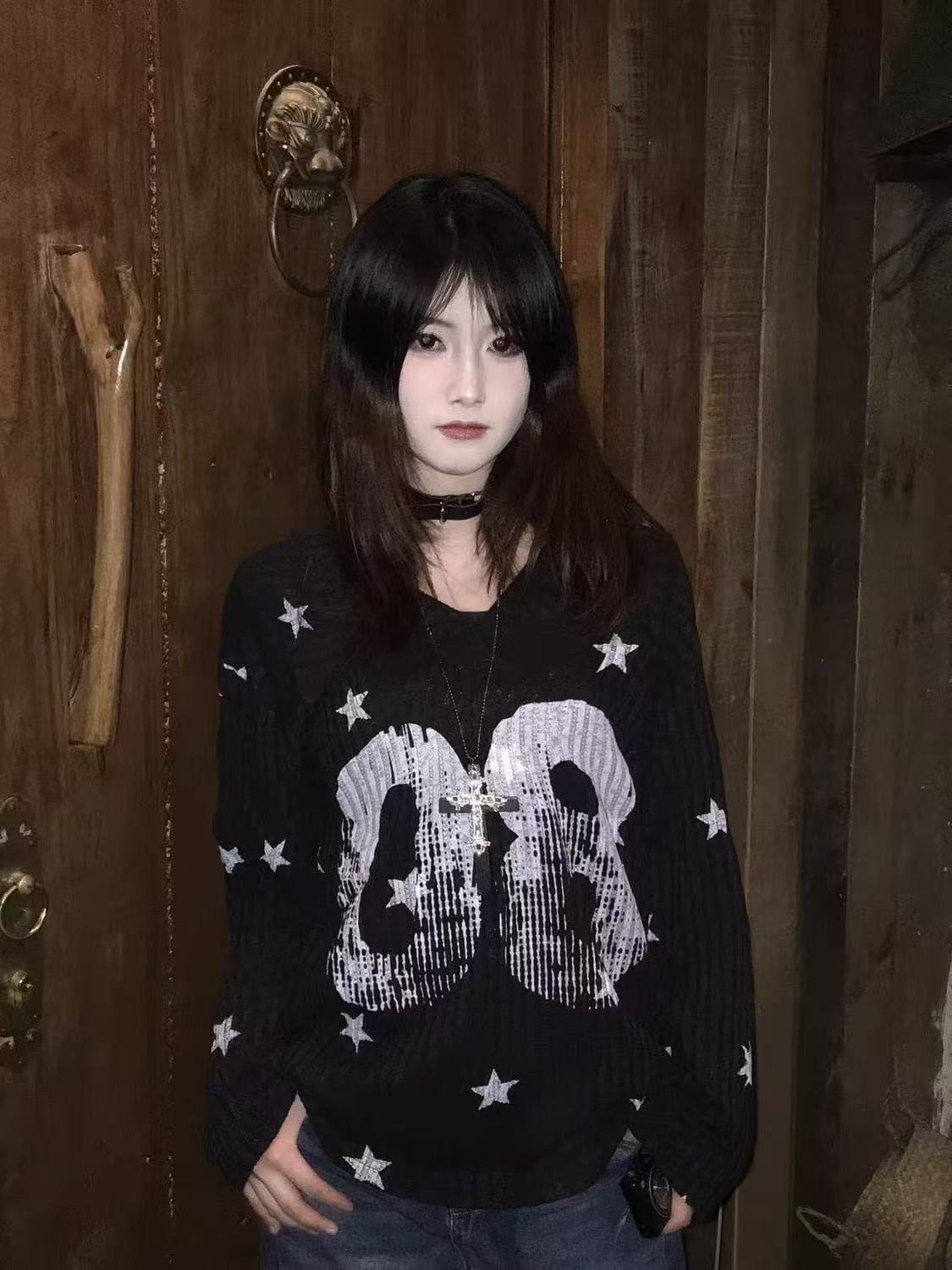 아메리칸 레트로 V넥 별 프린트 긴팔 티셔츠 여성 조기 봄 여름 루즈핏 bf 느긋한 바람 디자인 센스 자외선 차단 블라우스 상세 이미지 2