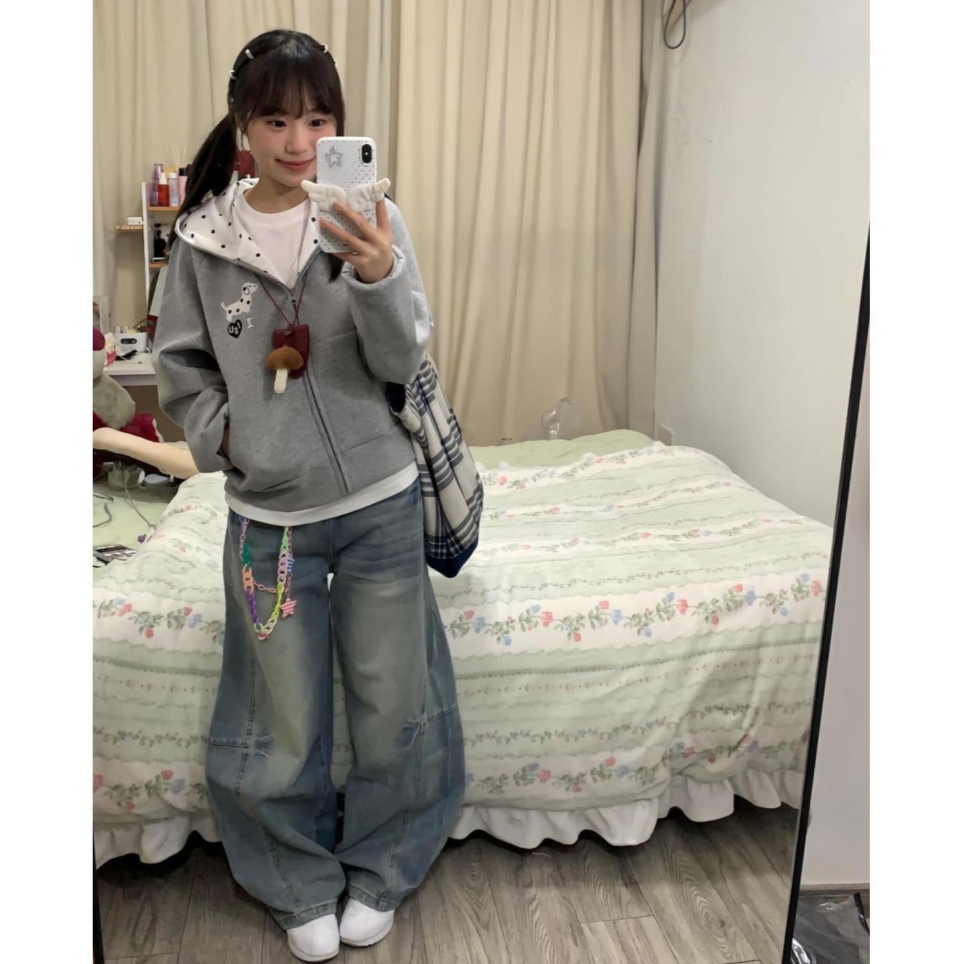 얇은 스타일 자수 인사이드 펌프 후아 면 복합 지퍼 재킷 후드티 남녀 상세 이미지 5