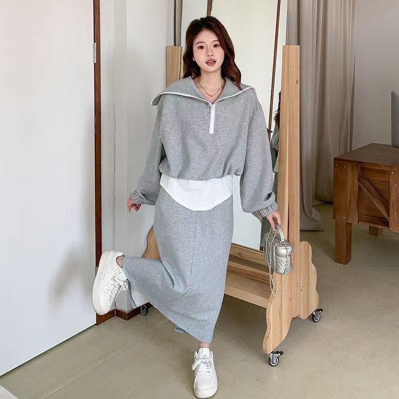 페이크 레이어드 폴로 칼라 후드티 반신 치마 세트 여성 2026 봄 새로운 한 부서 캐주얼 연령 감소 투피스 세트