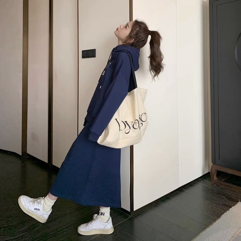 빅 사이즈 슬림해 보이는 외국 가스 연령 감소 세트 드레스 여성 후드 티 스웨터 반신 스커트 투피스 세트 상세 이미지 3