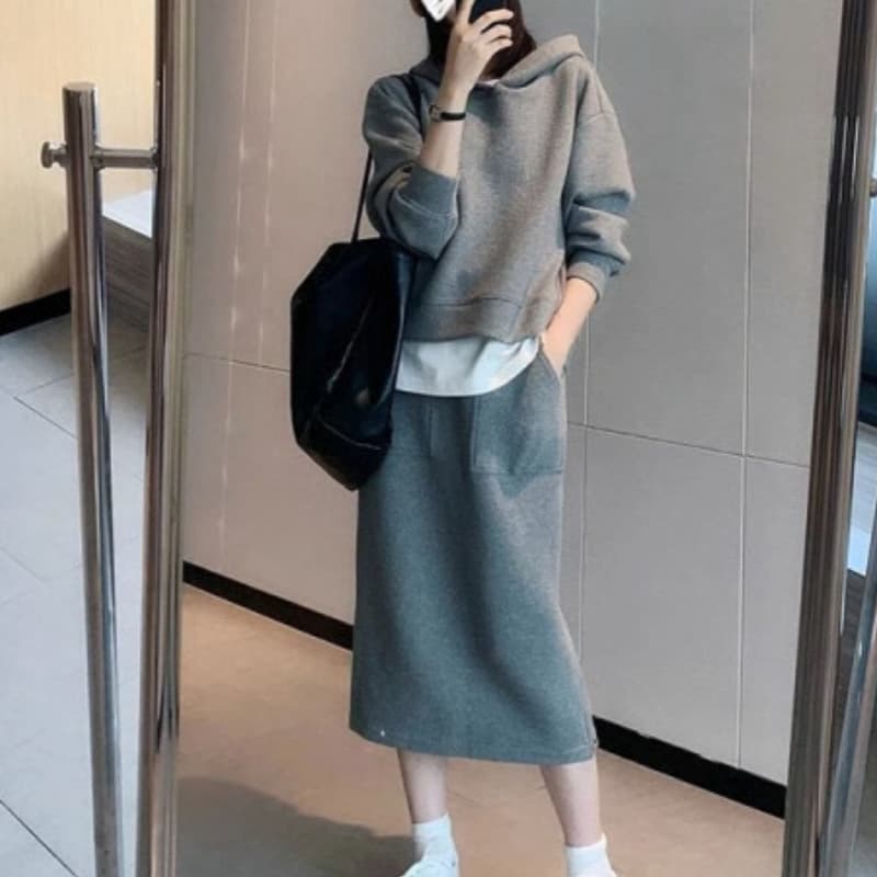이른 가을 캐주얼 패션 투피스 세트 후드 티 스웨터 반신 치마 세트 지방 mm 상세 이미지 1