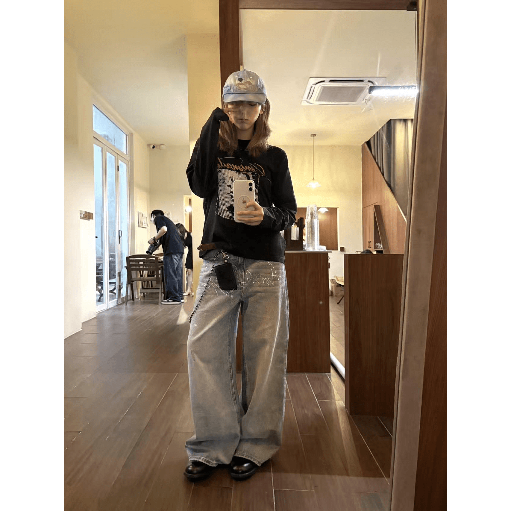 높은 품질 순면 200그램 21 빗질하다 정밀 프린트 가을 루즈핏 긴팔 티셔츠 여성 이미지 5
