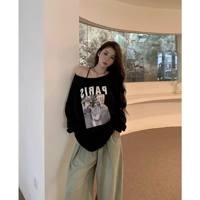 가을 겨울철 아메리칸 레트로 핫걸 비스듬한 어깨 프린트 루즈핏 프린트 후드티 이미지 2