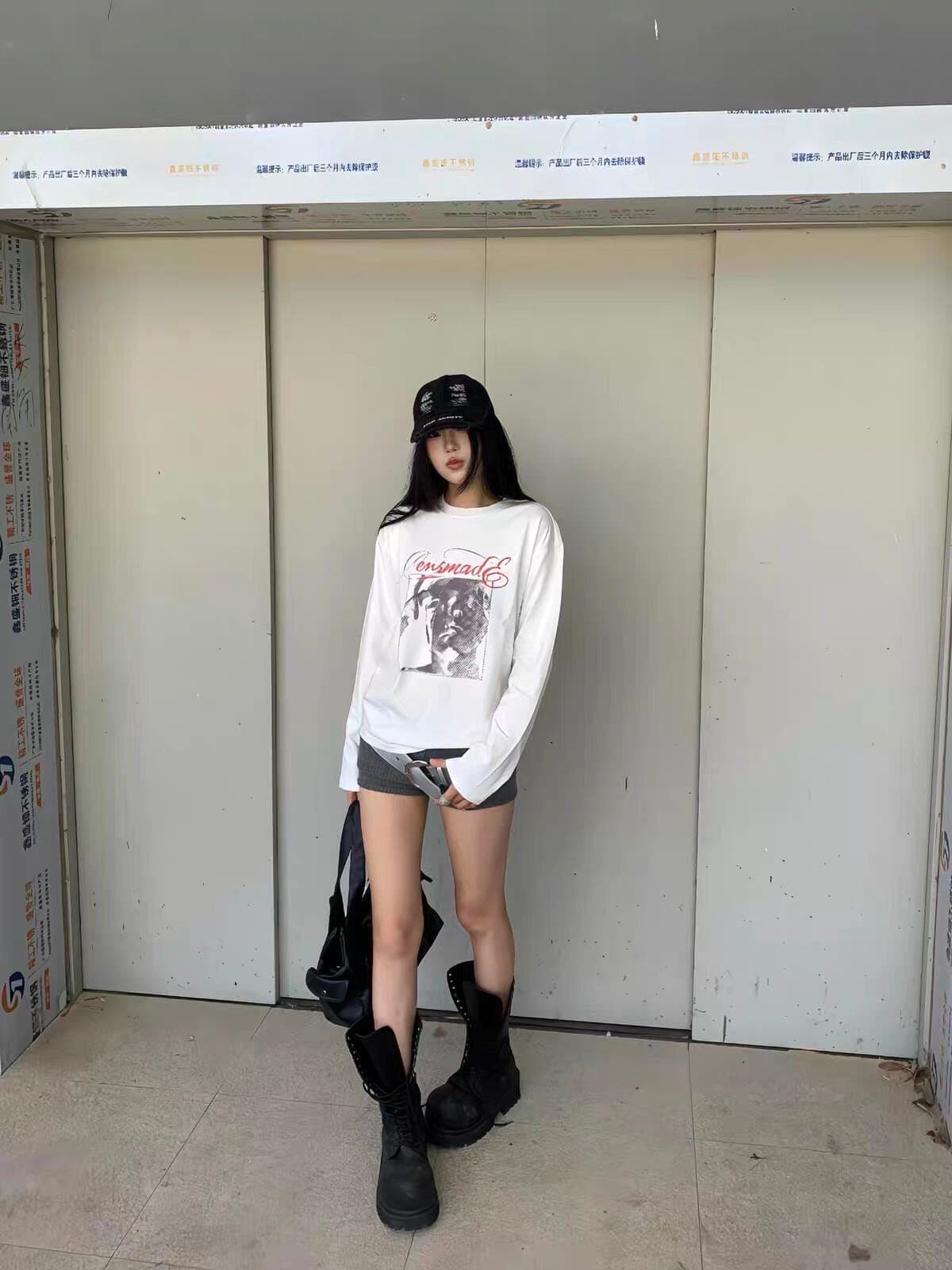 높은 품질 순면 200그램 21 빗질하다 정밀 프린트 가을 루즈핏 긴팔 티셔츠 여성 이미지 4
