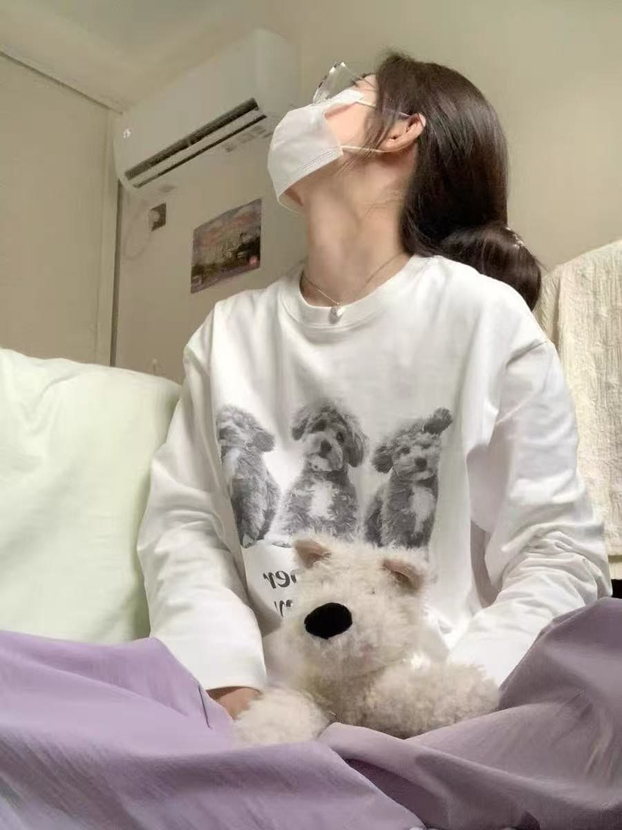 높은 품질 순면 200그램 21 빗질하다 정밀 프린트 가을 루즈핏 긴팔 티셔츠 여성