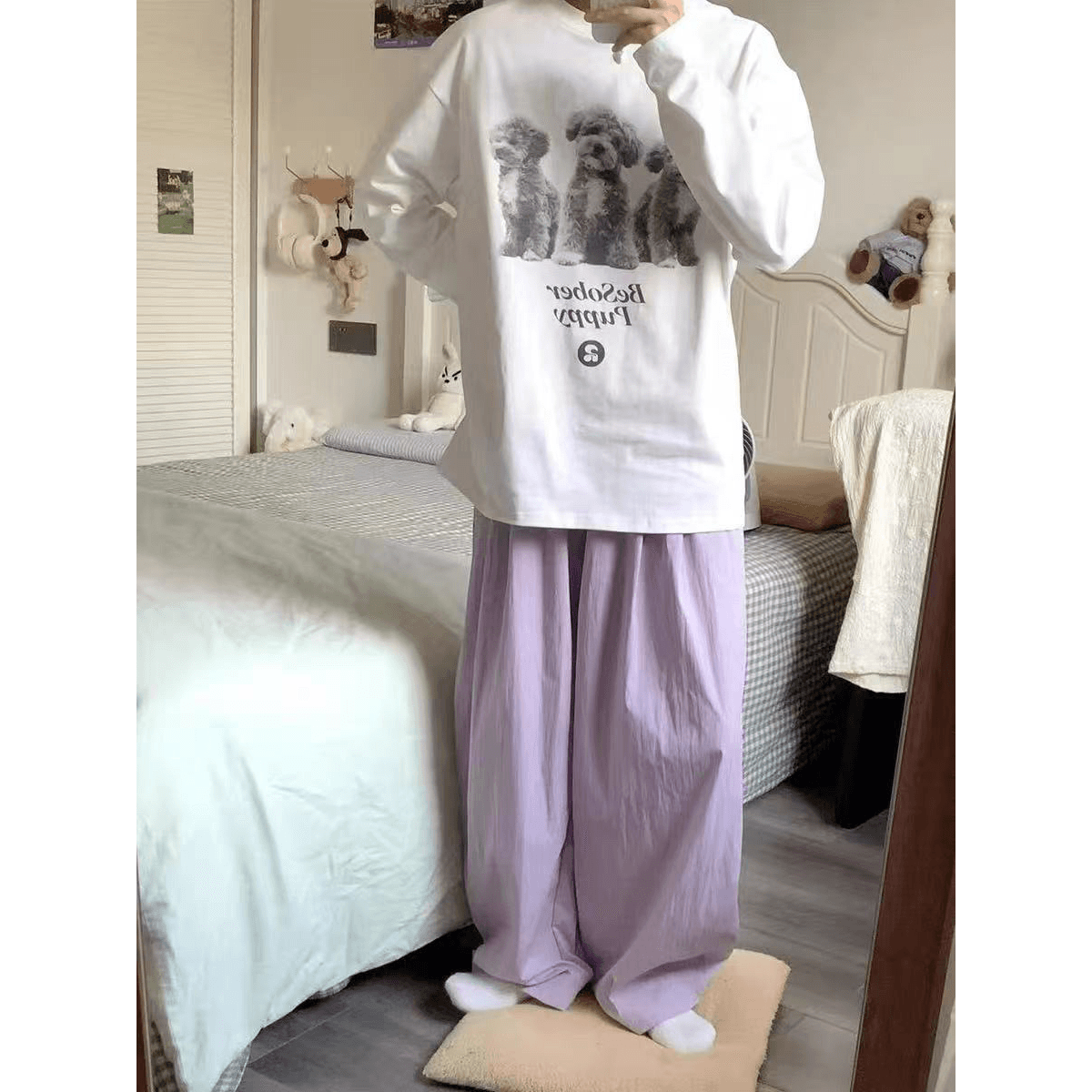 높은 품질 순면 200그램 21 빗질하다 정밀 프린트 가을 루즈핏 긴팔 티셔츠 여성 이미지 5